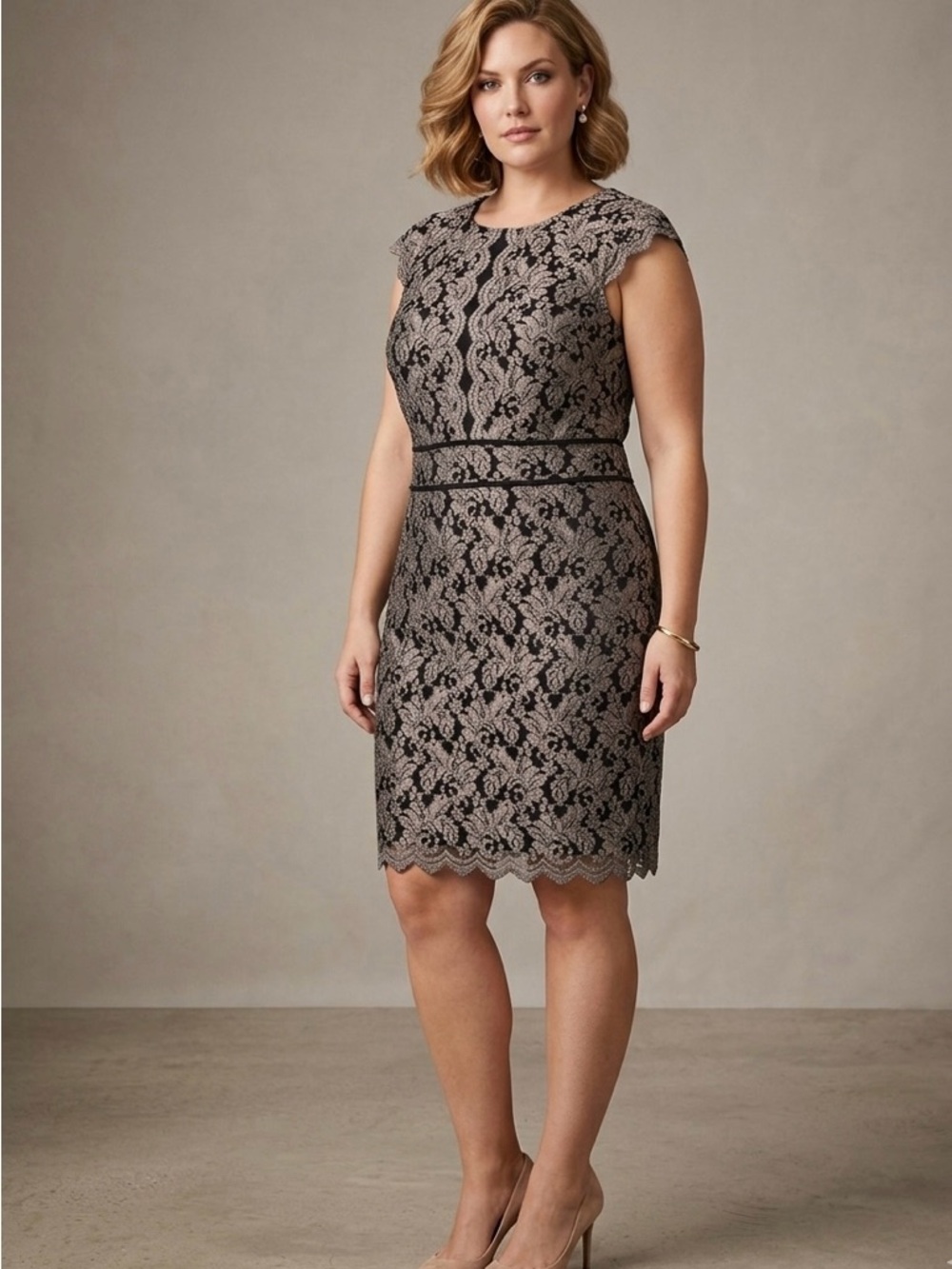 Elegant Black Lace Cap-Sleeve Sheath Dress - Taupe Lining